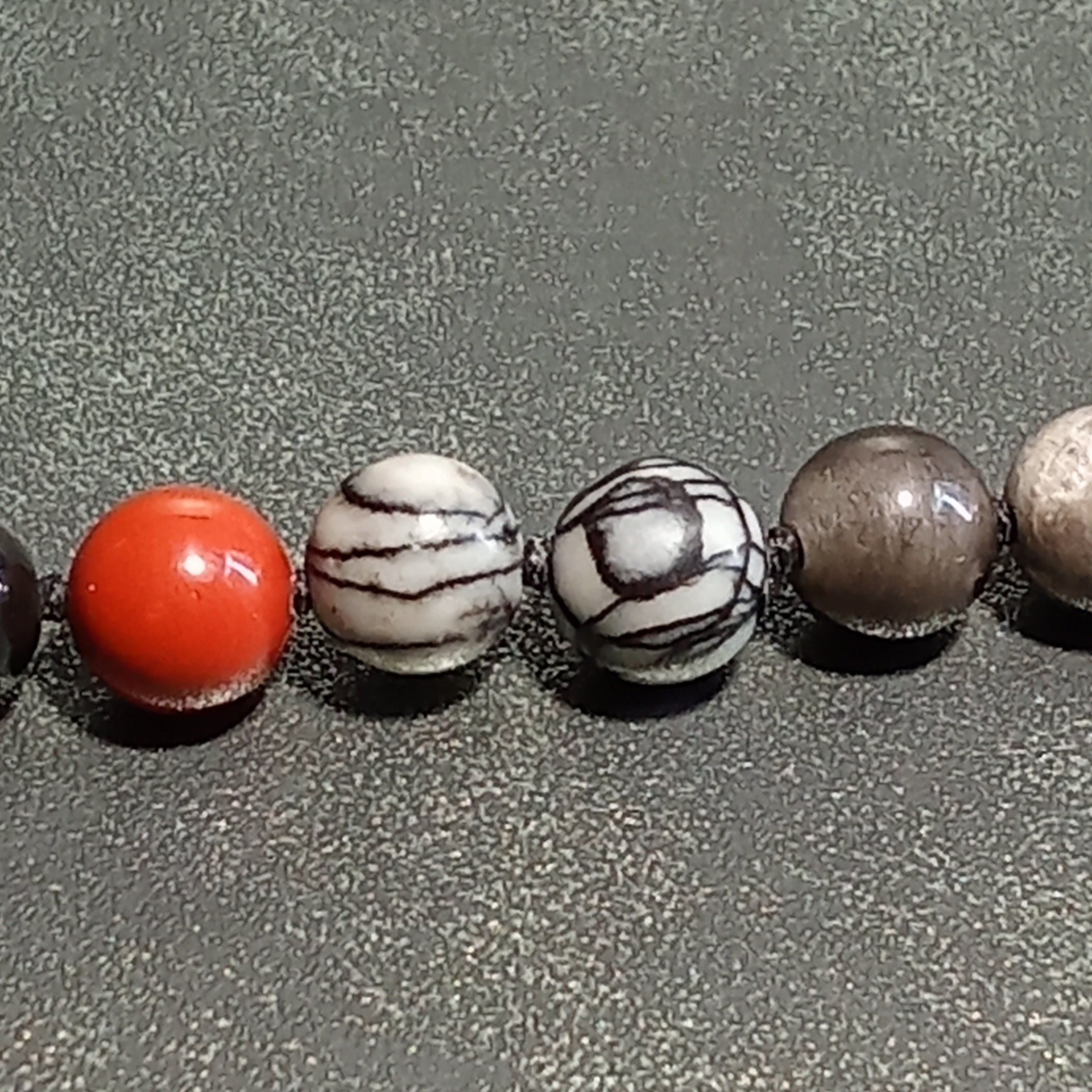 108-Bead Mala — Spiderweb Jasper, Silver Sheen Obsidian & Red Jasper