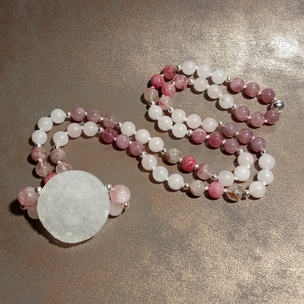 Druzy Quartz, Rose Quartz & Rhodonite Necklace