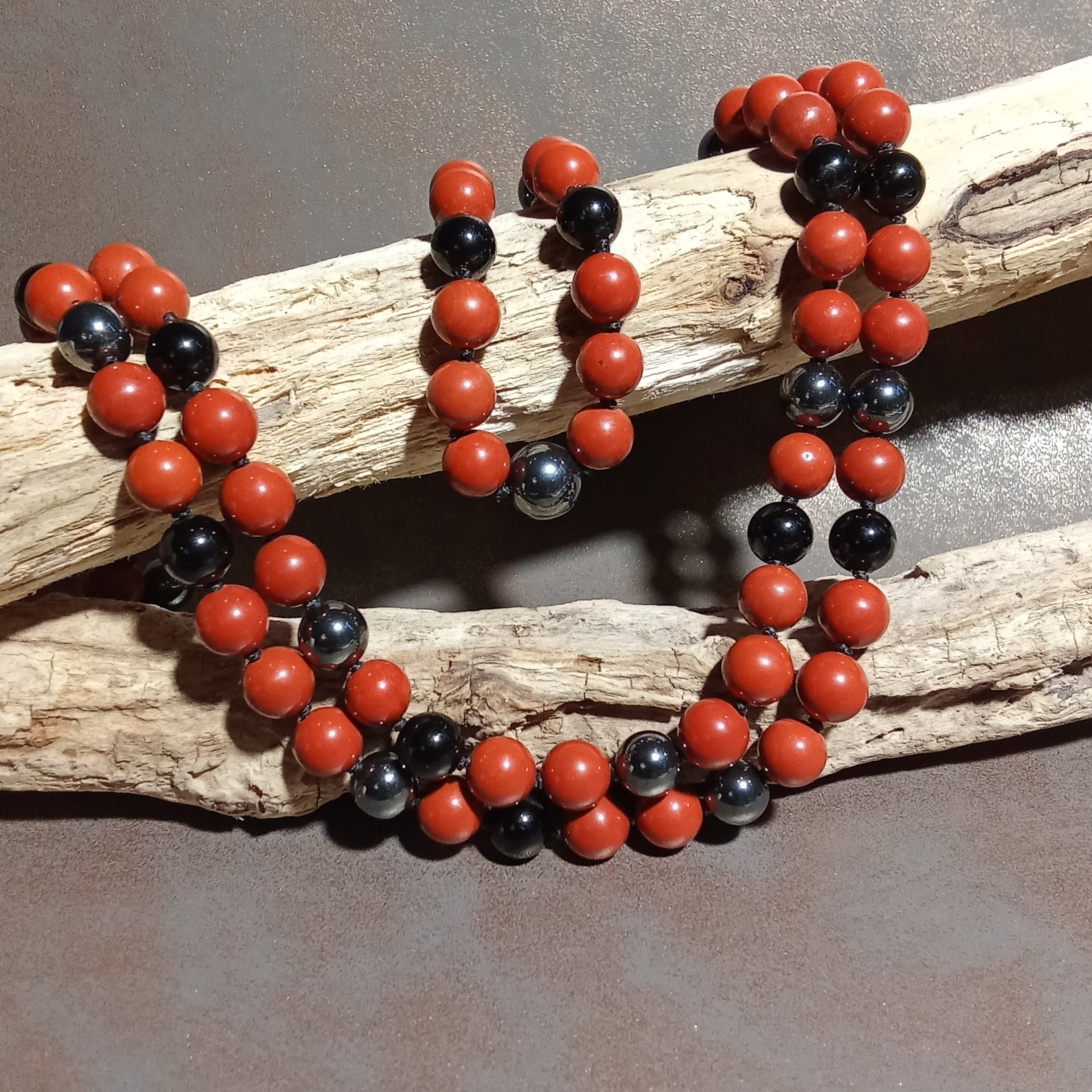 108-Bead Mala — Red Jasper, Onyx & Hematite