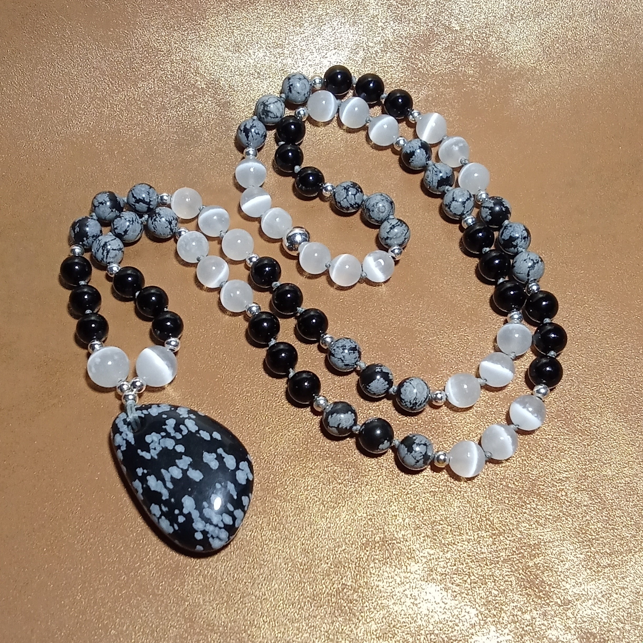 Snowflake Obsidian, Onyx & Selenite Necklace