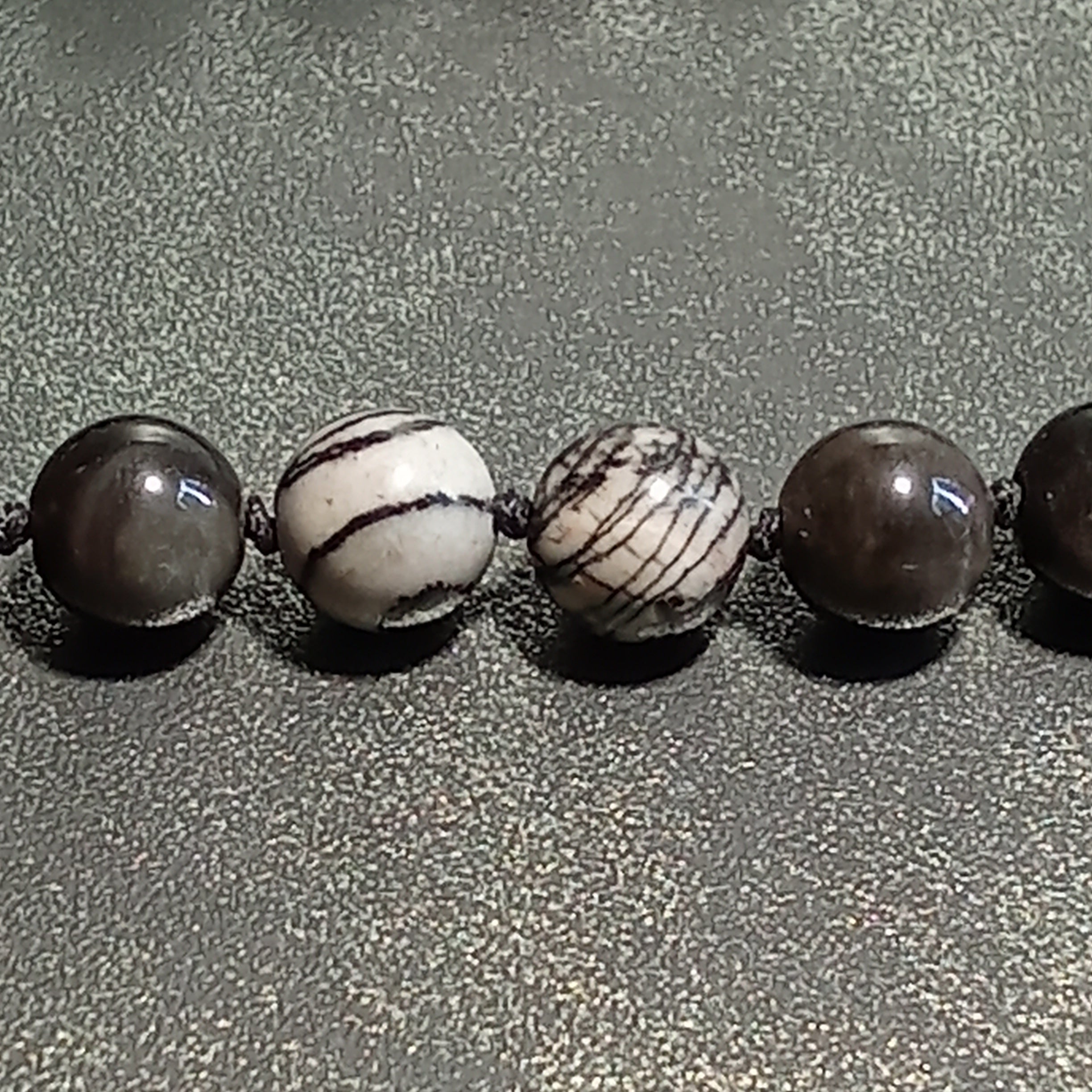 108-Bead Mala — Spiderweb Jasper, Silver Sheen Obsidian & Red Jasper