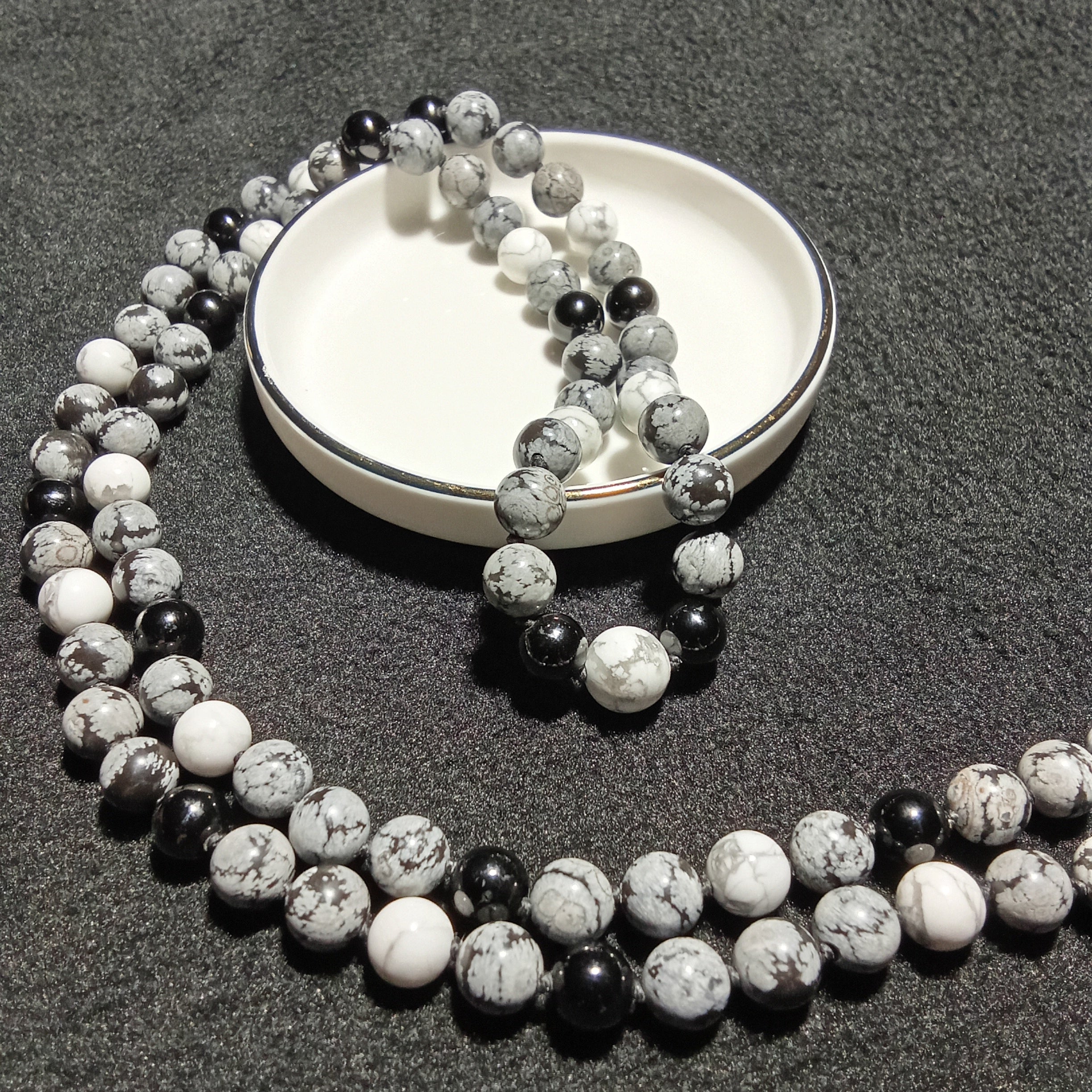 108-Bead Mala — Snowflake Obsidian, Onyx & Howlite