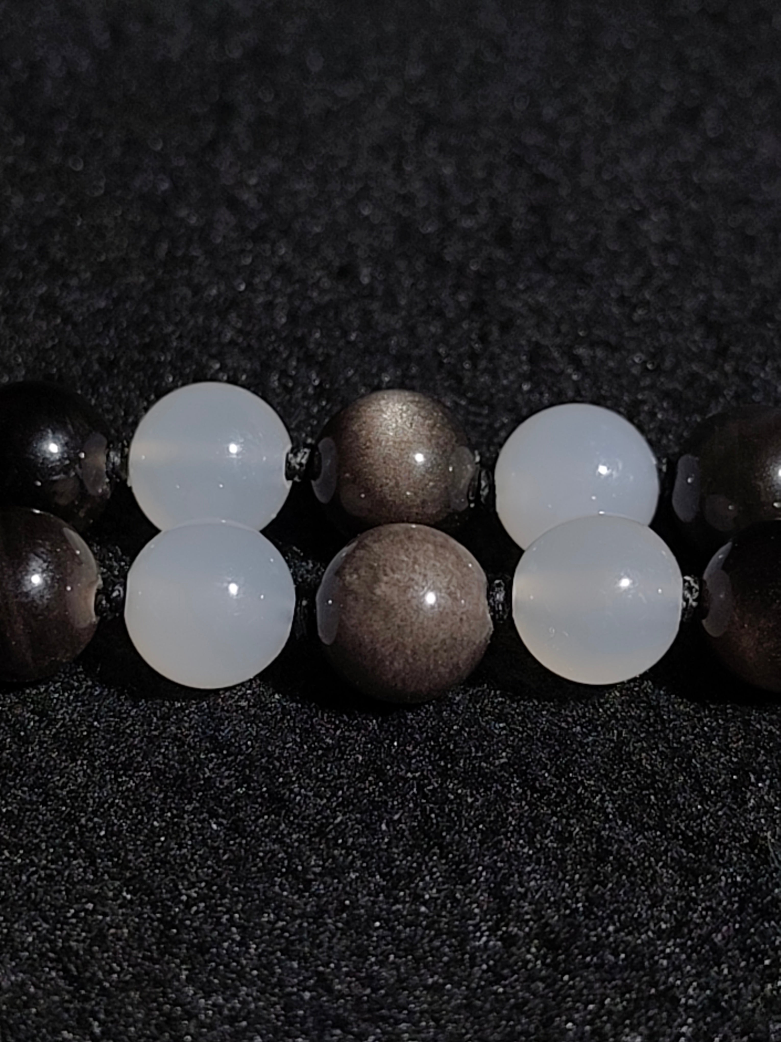 108-Bead Mala — Silver Sheen Obsidian & White Agate