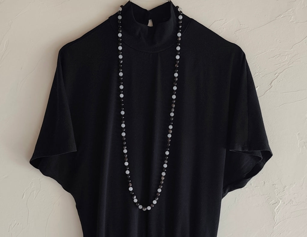 108-Bead Mala — Silver Sheen Obsidian & White Agate