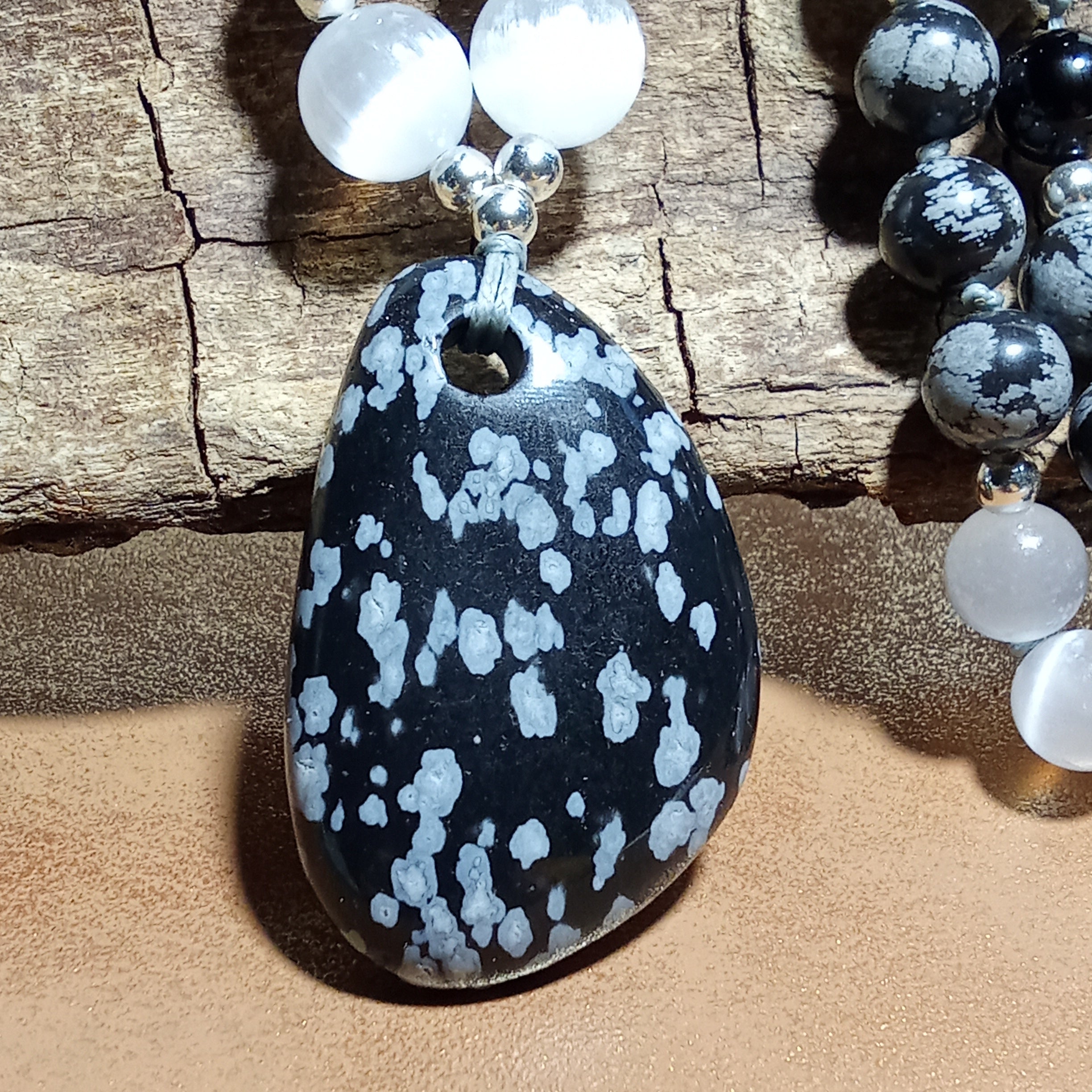 Snowflake Obsidian, Onyx & Selenite Necklace