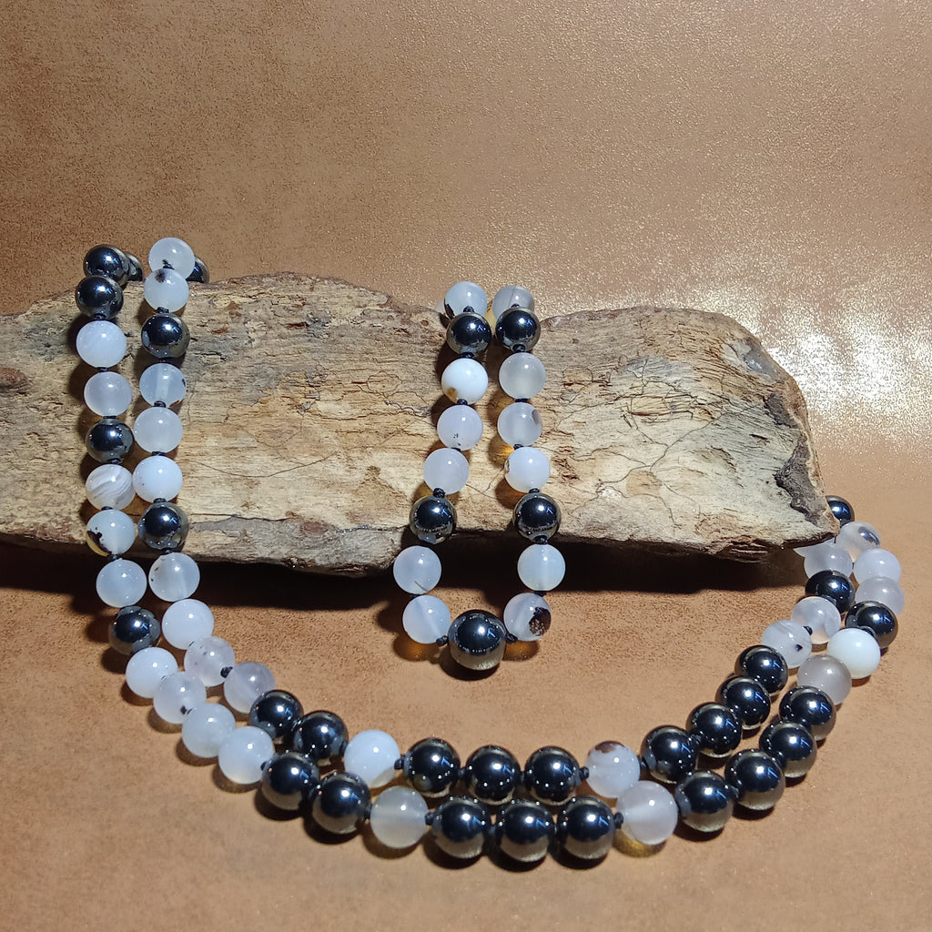108-Bead Mala — Montana Agate & Hematite