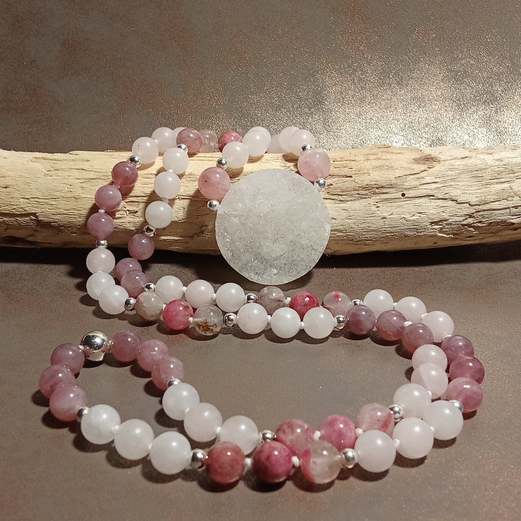 Druzy Quartz, Rose Quartz & Rhodonite Necklace