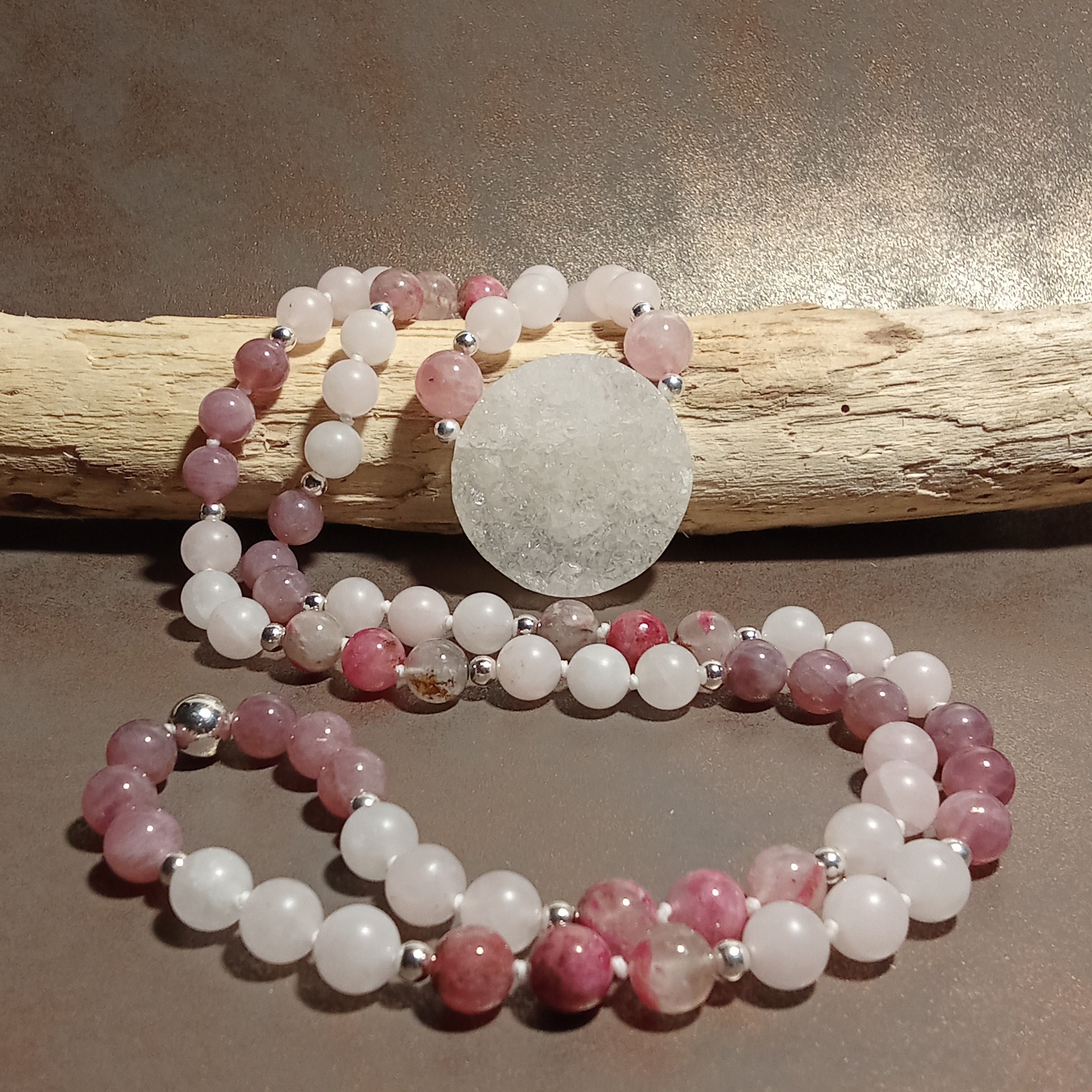 Druzy Quartz, Rose Quartz & Rhodonite Necklace