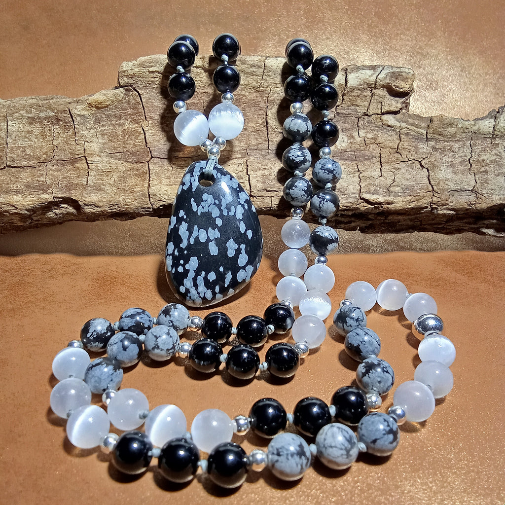 Snowflake Obsidian, Onyx & Selenite Necklace