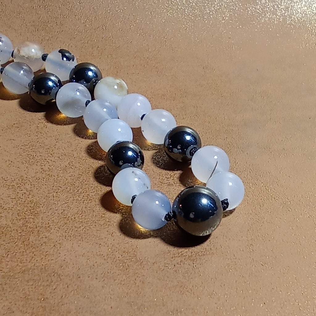 108-Bead Mala — Montana Agate & Hematite