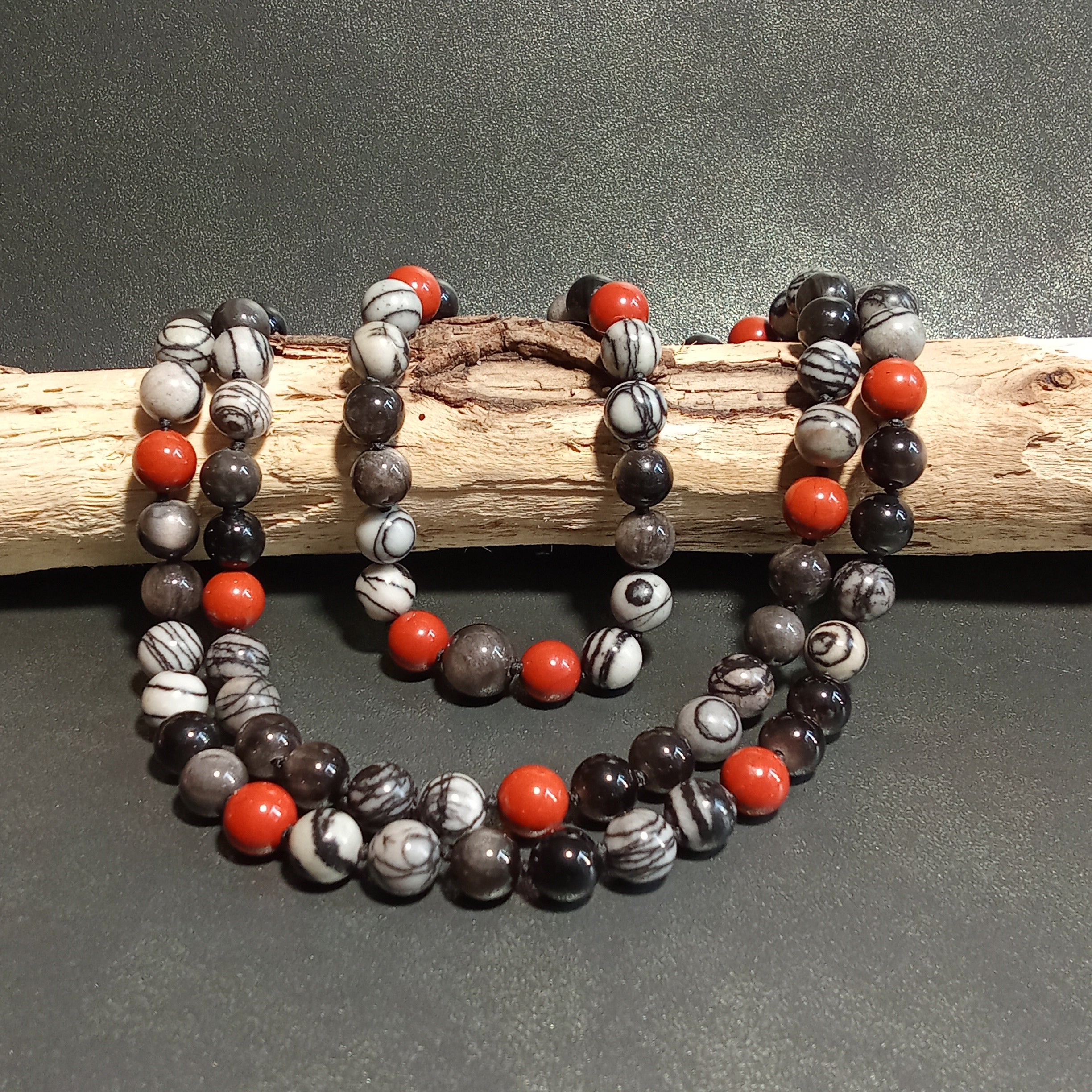 108-Bead Mala — Spiderweb Jasper, Silver Sheen Obsidian & Red Jasper