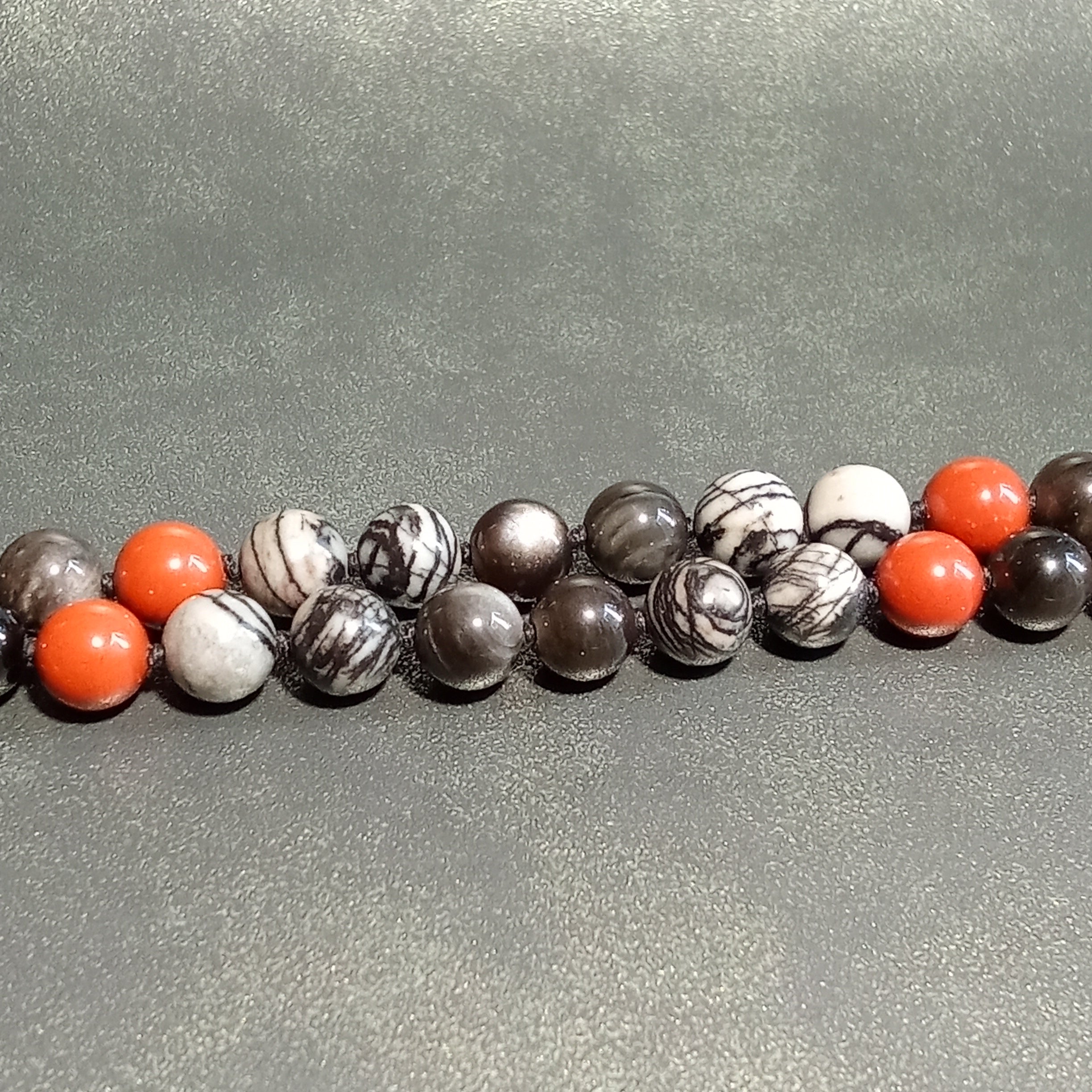 108-Bead Mala — Spiderweb Jasper, Silver Sheen Obsidian & Red Jasper