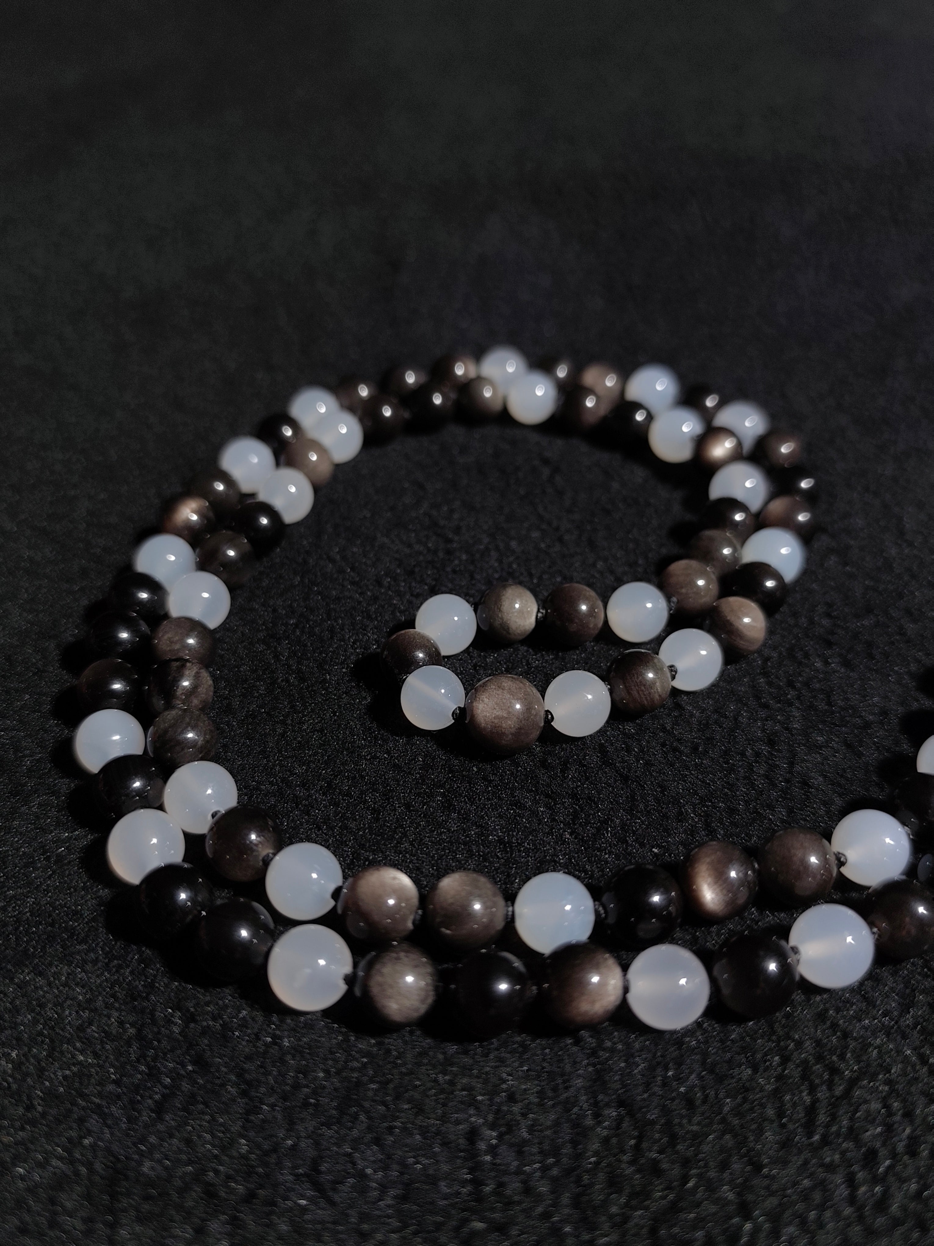108-Bead Mala — Silver Sheen Obsidian & White Agate