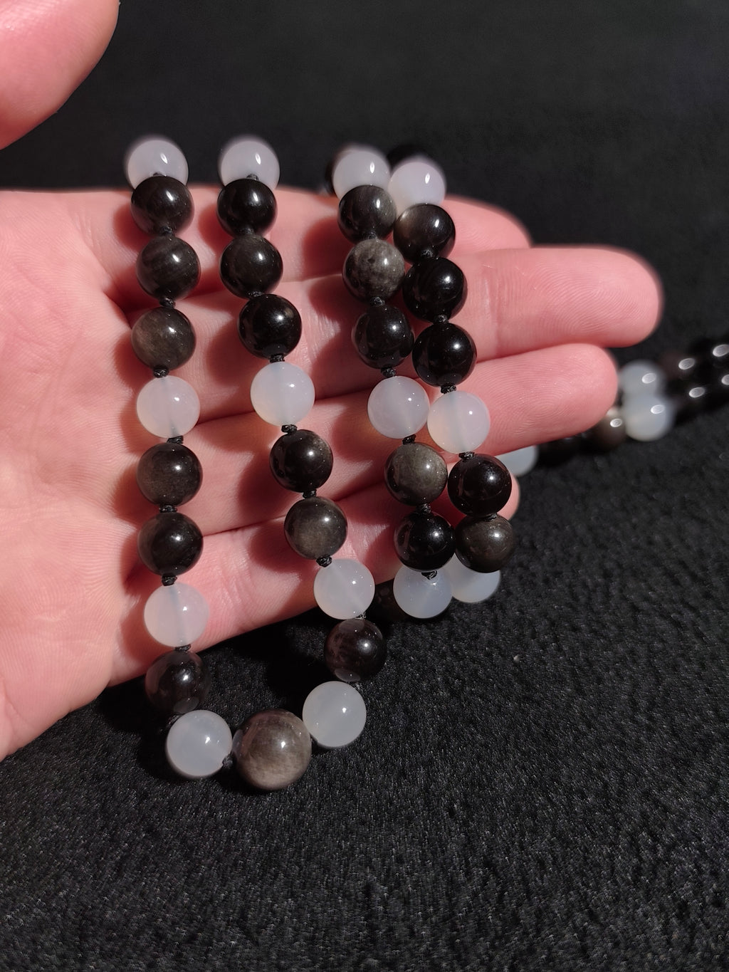 108-Bead Mala — Silver Sheen Obsidian & White Agate