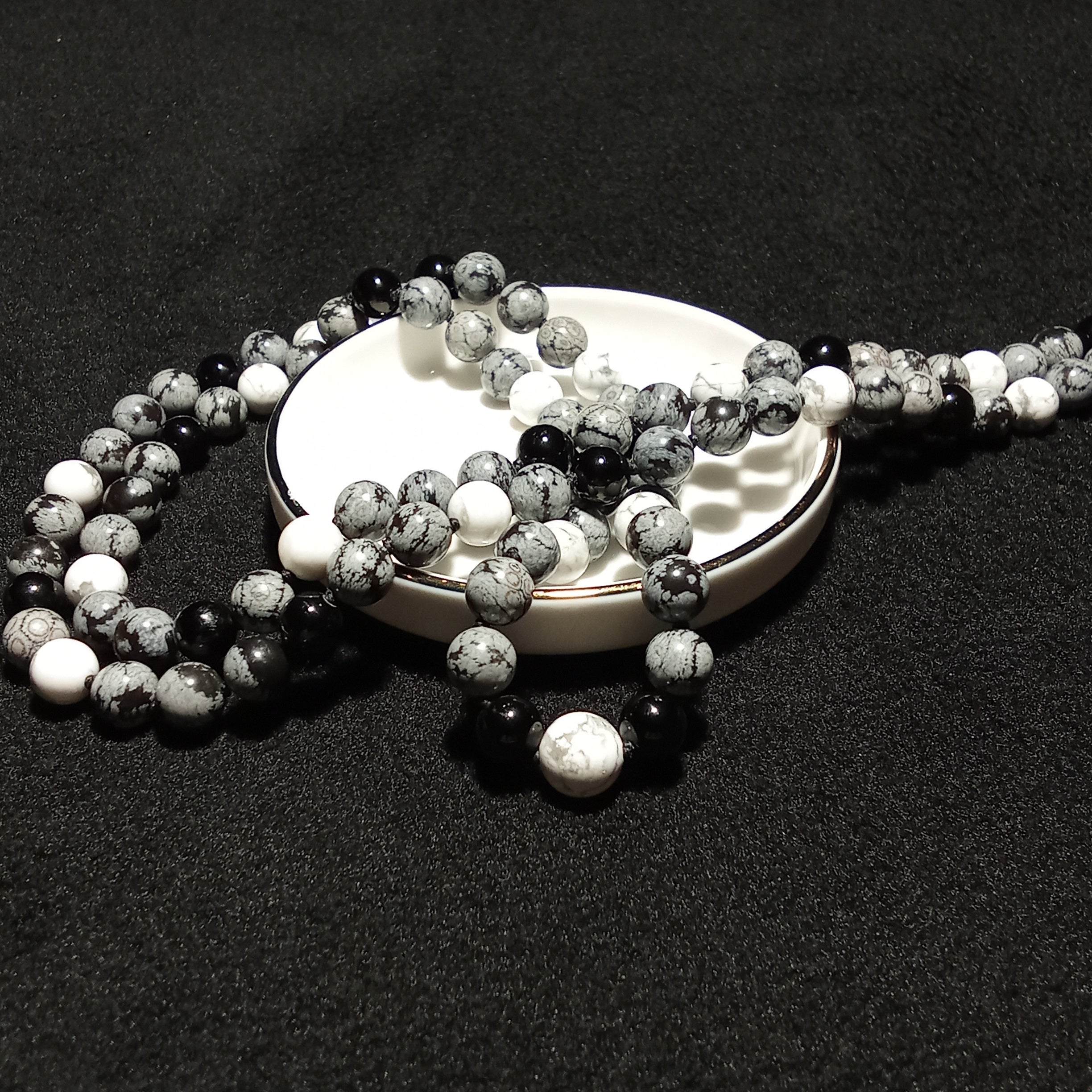108-Bead Mala — Snowflake Obsidian, Onyx & Howlite